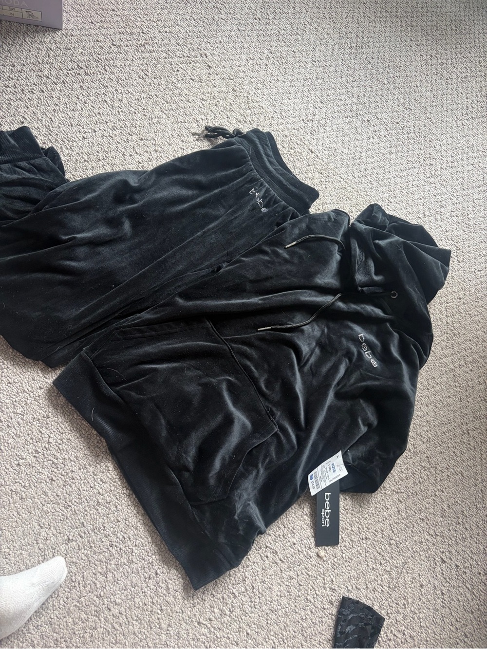 bebe Black Velour Hoodie & Jogger Lounge Set